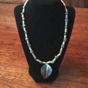 Copper and bead handcrafted necklace w leaf drop.